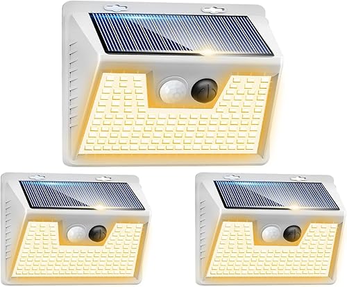 Miniatura 48 de Peasur Luces solares con sensor de movimiento para exteriores, paquete de 2 140 luces LED para valla, impermeable, marco blanco, iluminación de