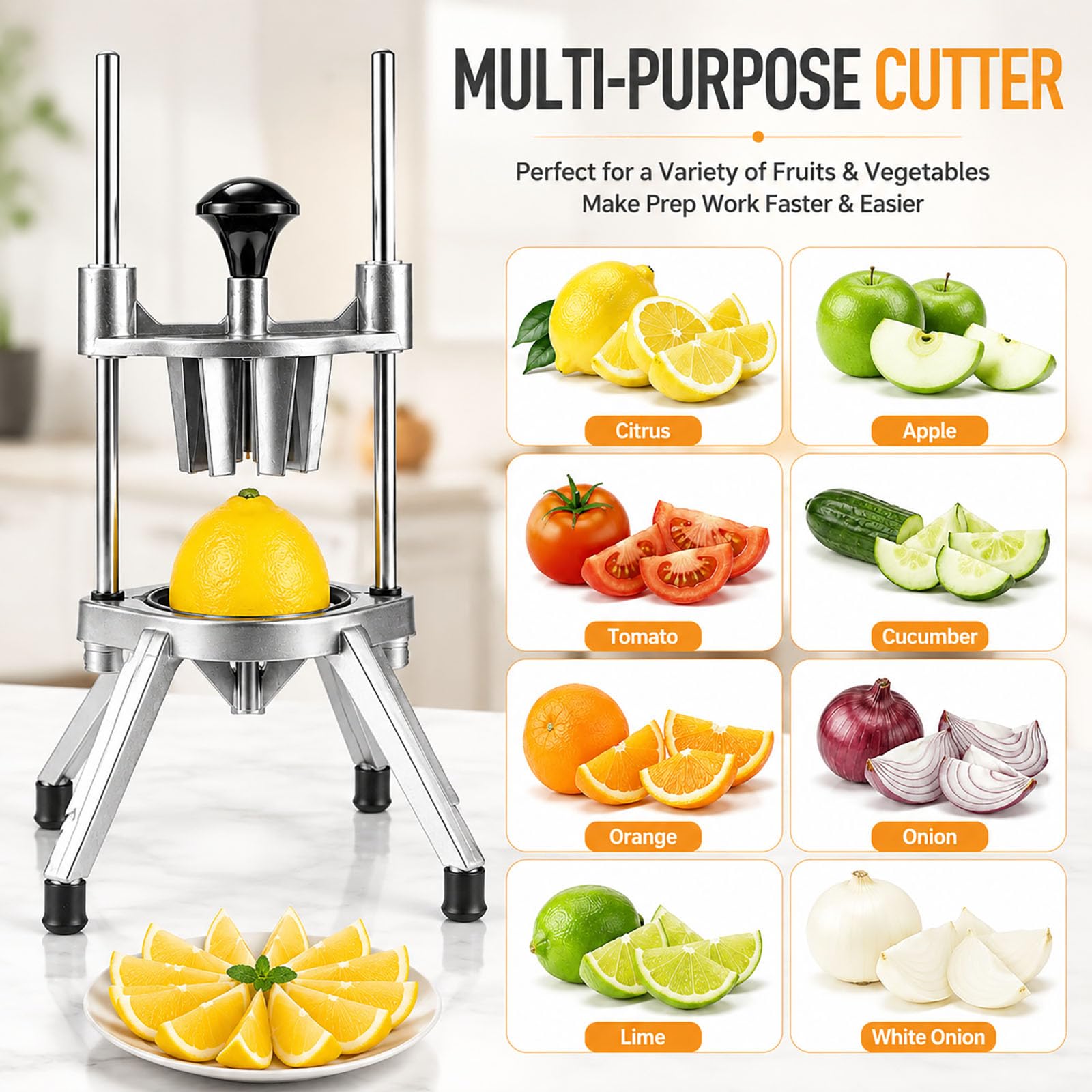 Cortador de limón de acero inoxidable, máquina cortadora de verduras resistente, en forma de V para frutas, corta de 4 a 12 secciones, perfecto para limones y naranjas