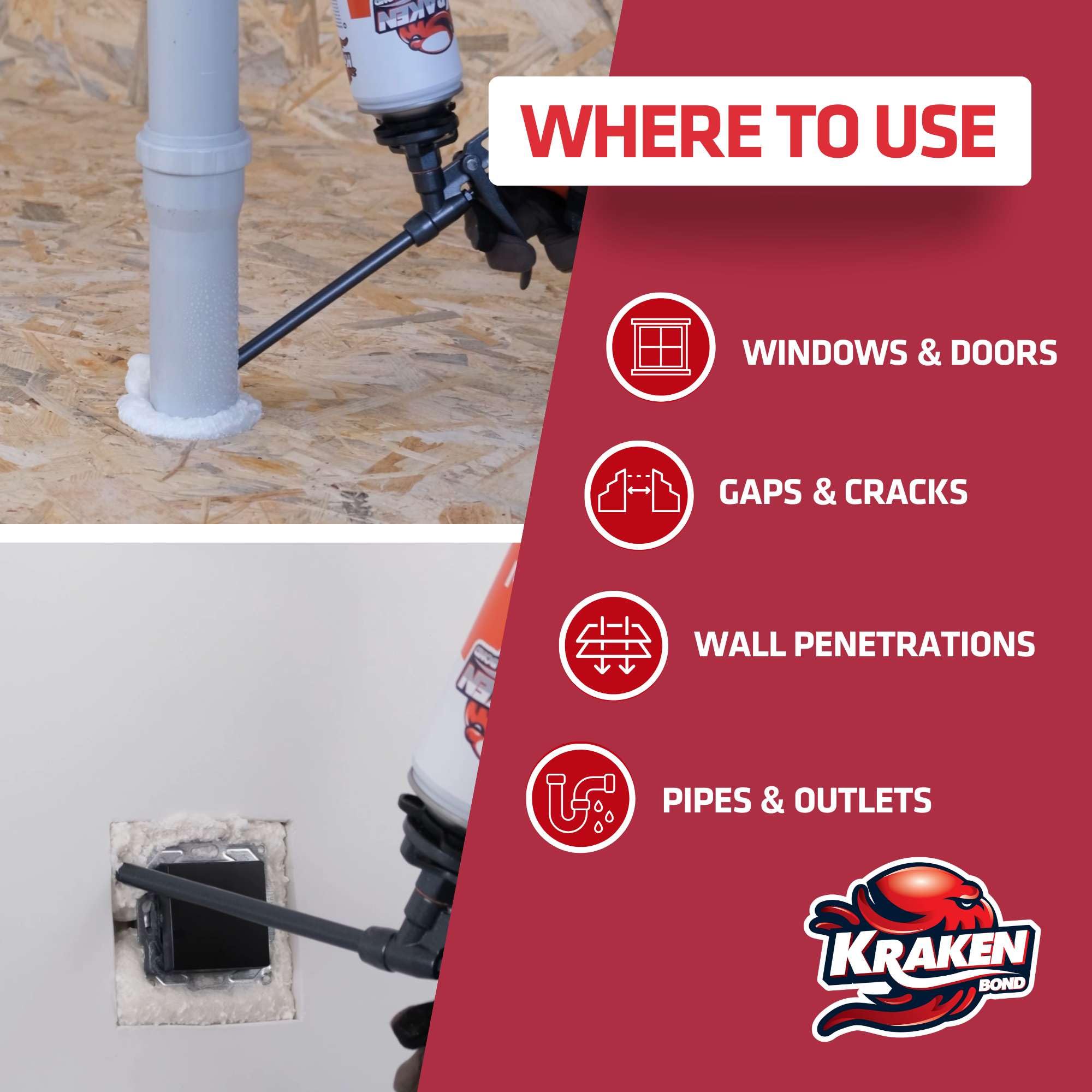 Kraken Bond Window & Door Expanding Foam Sealant - (2x24oz) Professional Gap Filling Gun Use Polyurethane Spray Foam, Low Expansion Waterproof Gap Filler, Gun&Cleaner NOT Included - 2 Pack