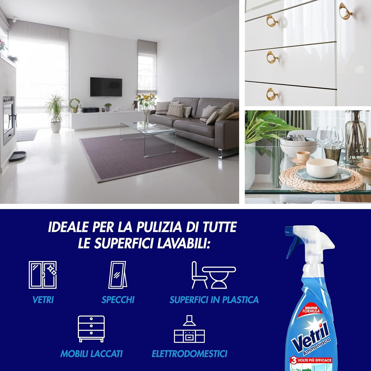 Vetril - Spray limpiador de superficies con amoniaco, efecto desengrasante y brillo sin rastros, 650 ml+ Italian Gourmet Polpa 400 g