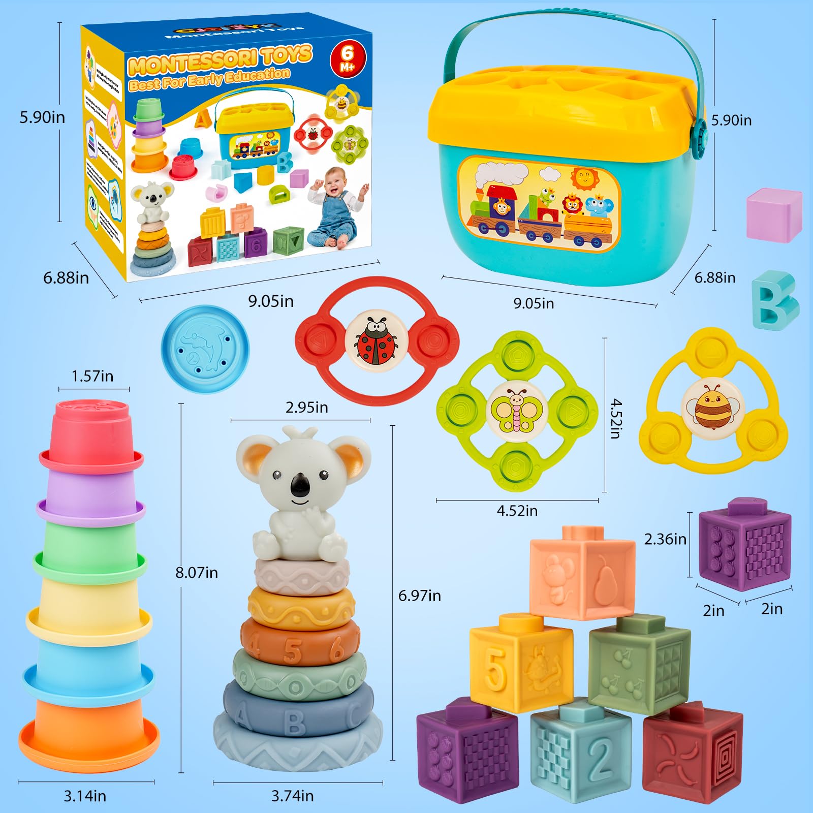 Montessori Spielzeug für Babys Alter 6-12-18 Monate mit sensorischer Formsortierer Passende Spielbox Stapelbecher Weicher Ring Bausteine Spinner Entwicklungslernspielzeug für Kleinkinder 1+ Jahr