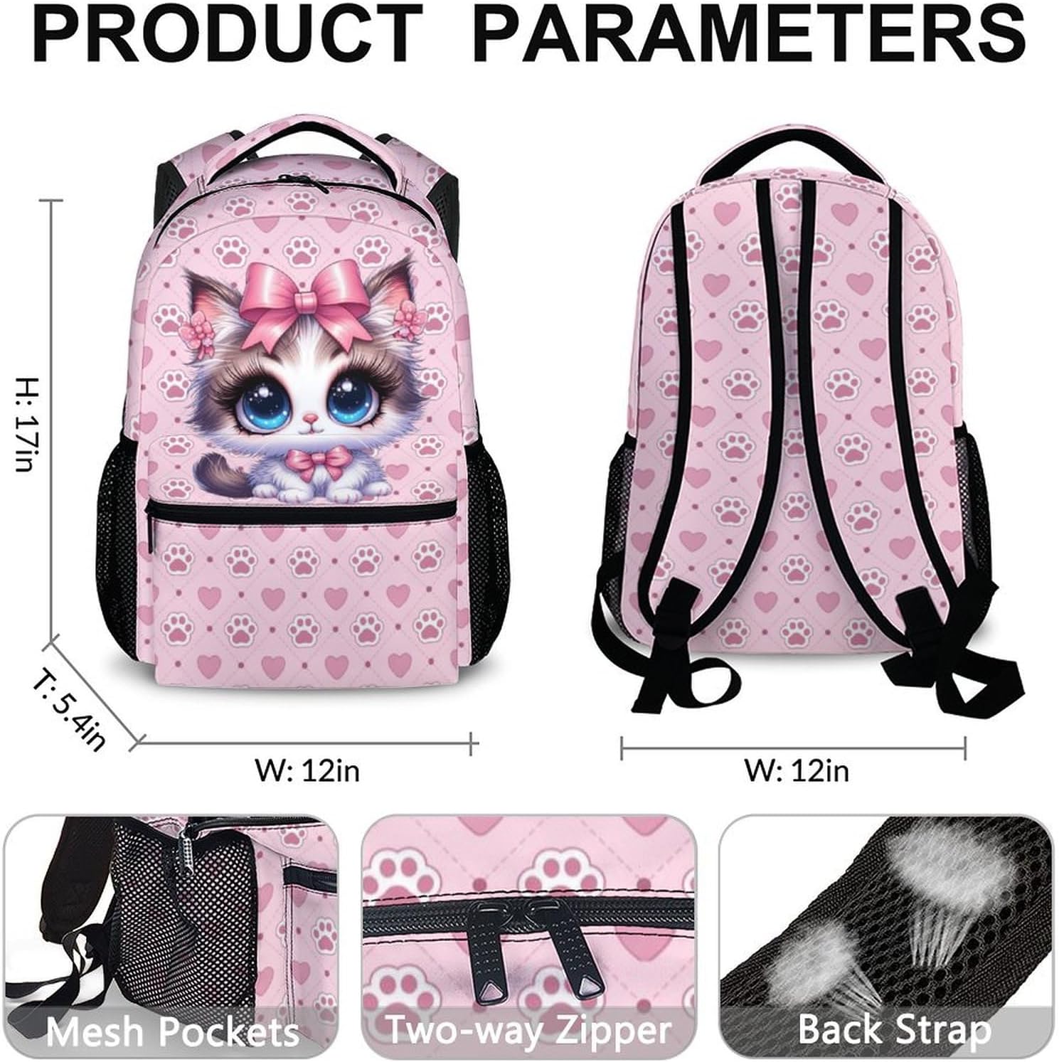 Kids Backpacks, Cute Cat Backpack for Girls 6-8, Gift for Cat Lovers, Casual Elementary Kindergarten Bookbag for Travel Vacation School