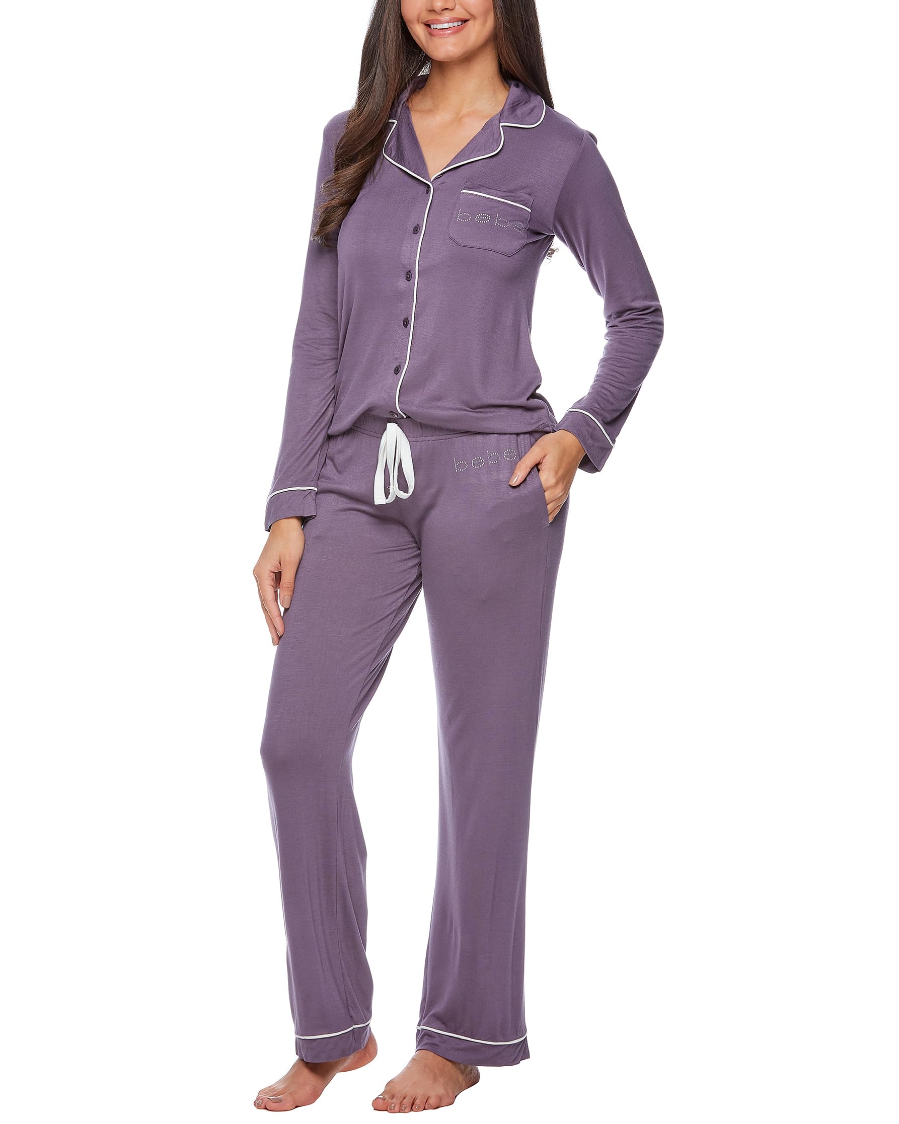 bebeButton Down Pajamas for Women, Long Sleeve Button Up Pajamas with Pants, Ladies Sleepwear PJ Set