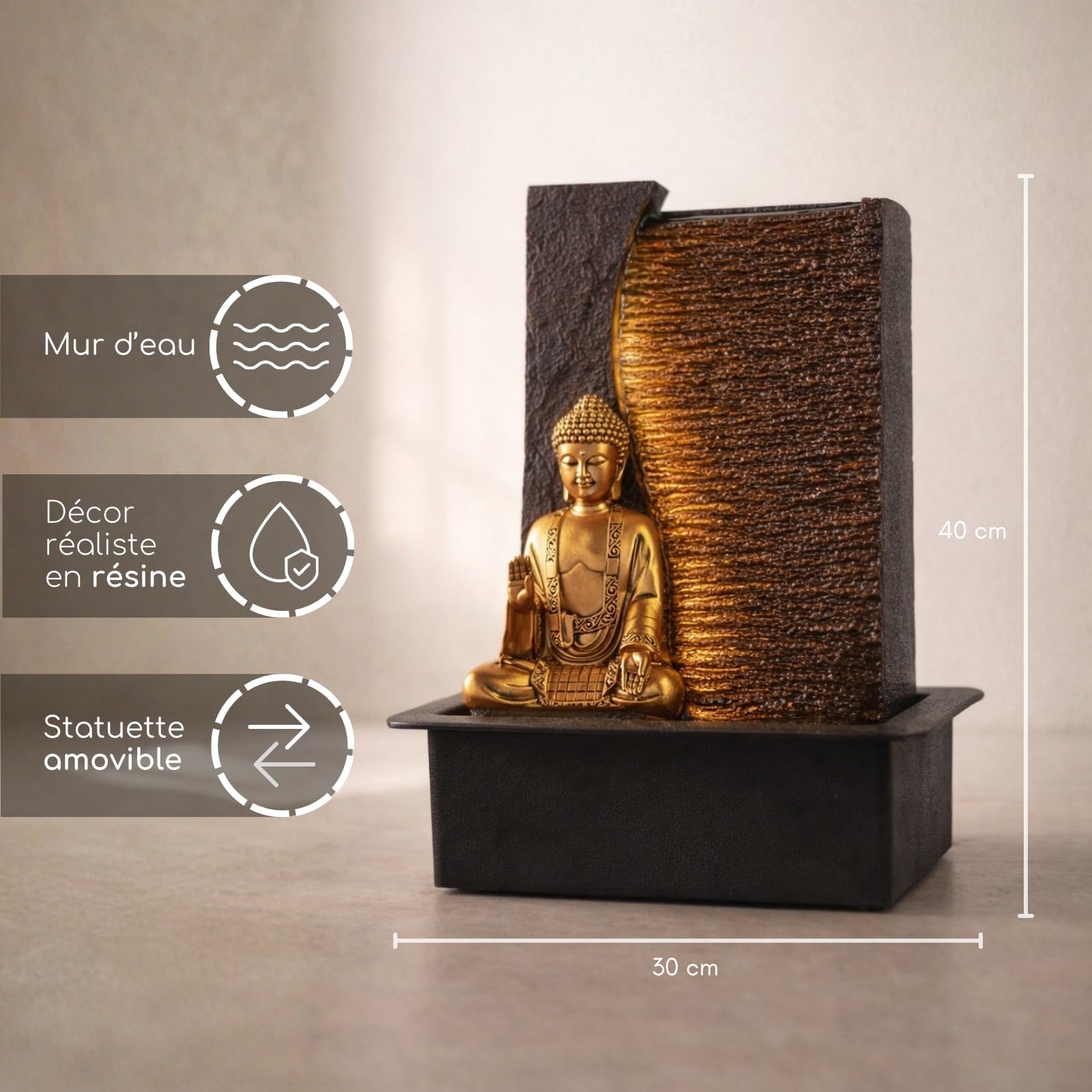 Zen'Light - Fontaine d’Intérieur Bouddha Jati Amovible avec Bandeau LED Jaune - Décor Zen Idéal Méditation et Détente - Pompe à Eau Silencieuse - Fontaine Porte-Bonheur au Circuit Fermé - H 40cm