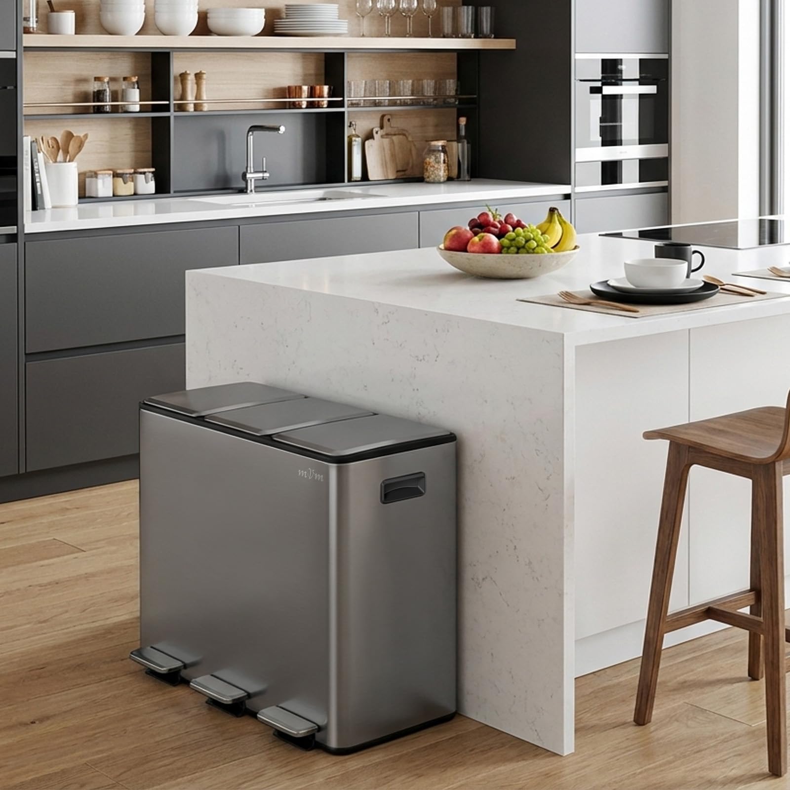 mVm Mülleimer Küche,45 Liter Treteimer,3 x 15 Liter Treteimer, 3 Fächer, Mülltrennsystem, Abfalleimer Küche mit Inneneimer aus Kunststoff,Metall,Klappdeckel, Softclose, Luftdicht