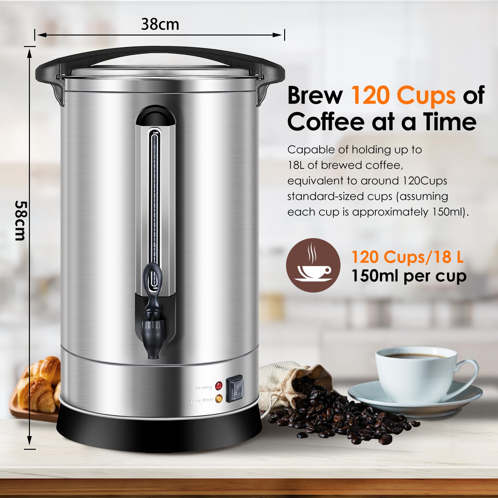 Homtone percolateur à café 120 tasses/18L à double paroi, percolateur industriel avec filtre rond et robinet, distributeur d'Eau Chaude pour Café, Thé, 1500W (Argent)