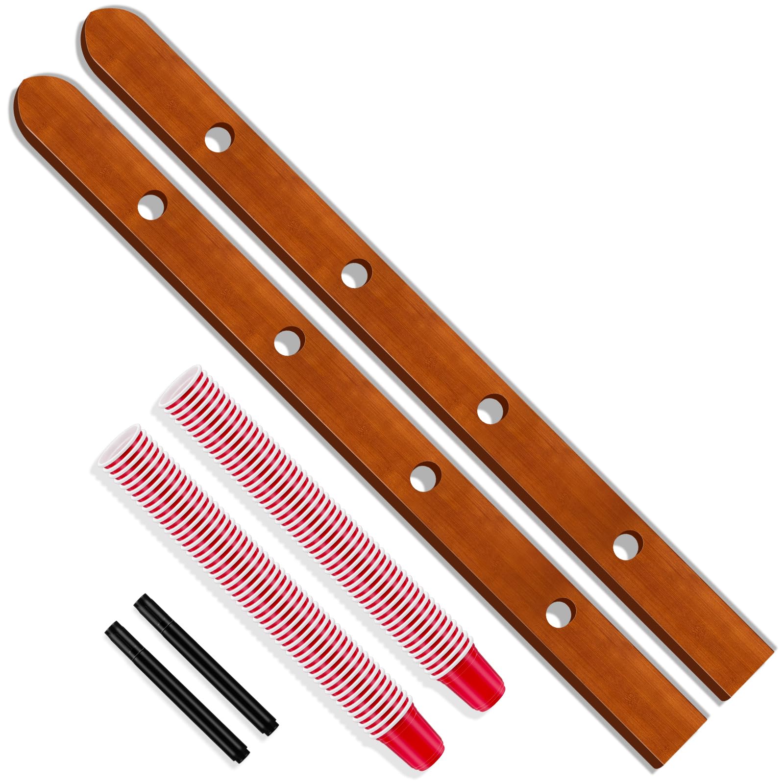 2 Pieces Wood Shot Board Set 4 Person Wooden Ski Wood Shot Rustic Board with Plastic Shot Glasses Marker Pen (Brown)