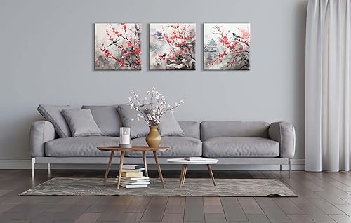 Miniatura 3 de Acuarela de estilo asiático tradicional chino arte de pared pájaro en flor de cerezo rojo, decoración de paisaje floral oriental, pintura de flores,