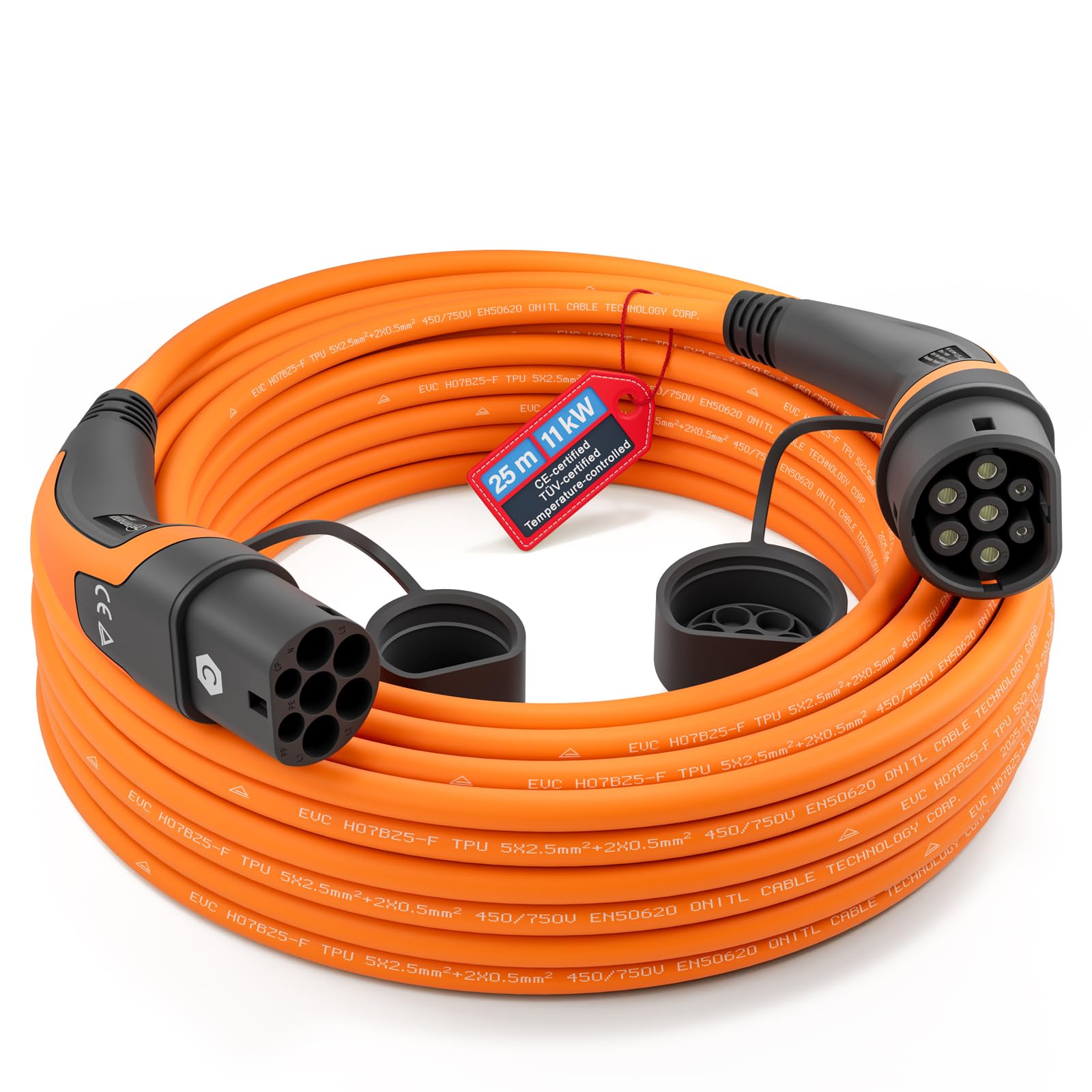 TEUTSCHTECH, kabel do ładowania typu 2 25 m, 11 kW, 16 A, 3-fazowy, tryb 3 – kabel do ładowania EV do Wallbox i stacji ładującej – samochód elektryczny i hybrydowy plug-in – monitorowanie temperatury