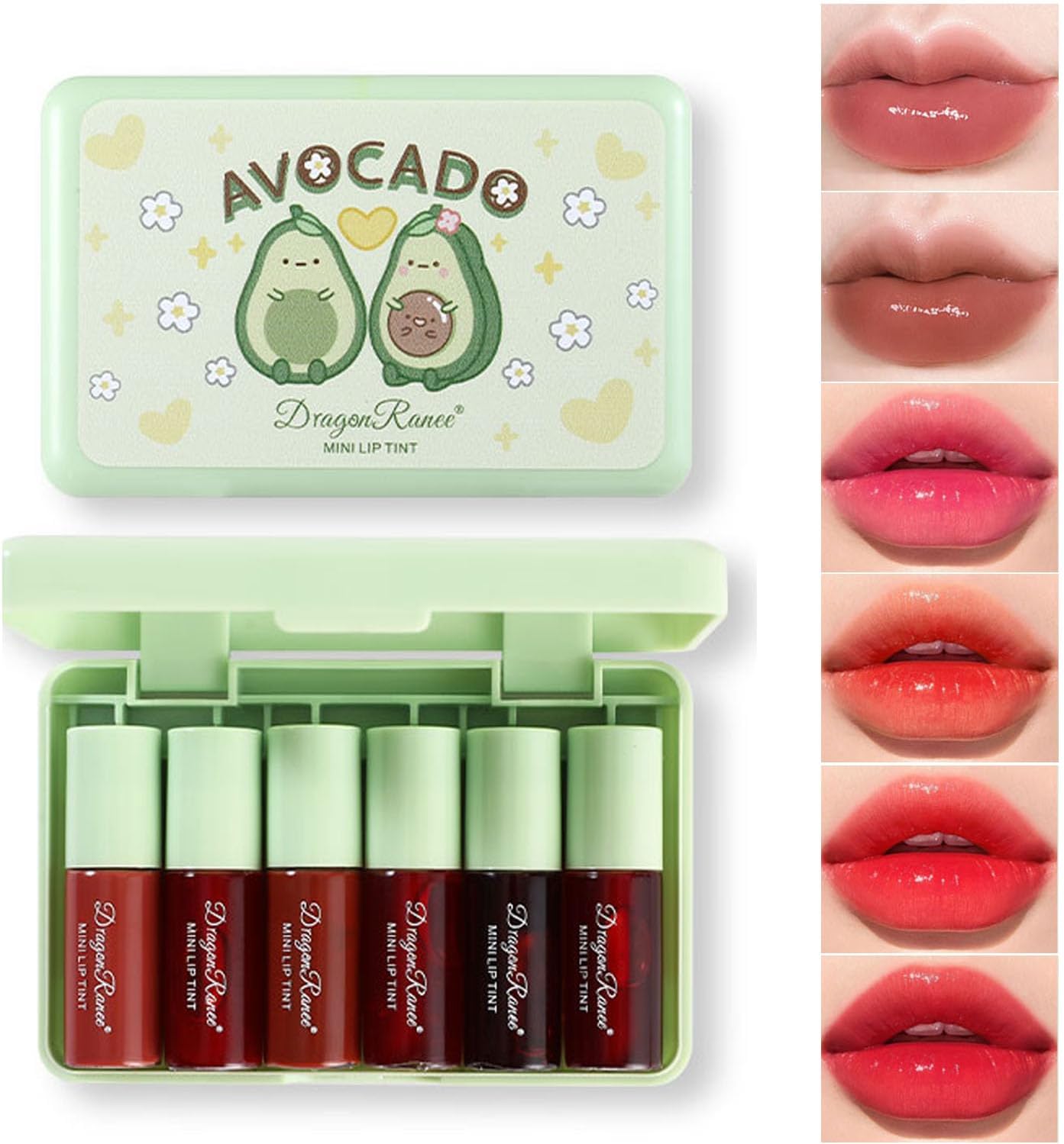 6 Colors Lip Tint Stain Set, Korean Lip Gloss Plumping Mini Liquid Lipstick, Multi-use Lip and Cheek Tint,Waterproof&Long Lasting,Natural Lip Stain Non-Sticky,Vivid Color (Avocado)
