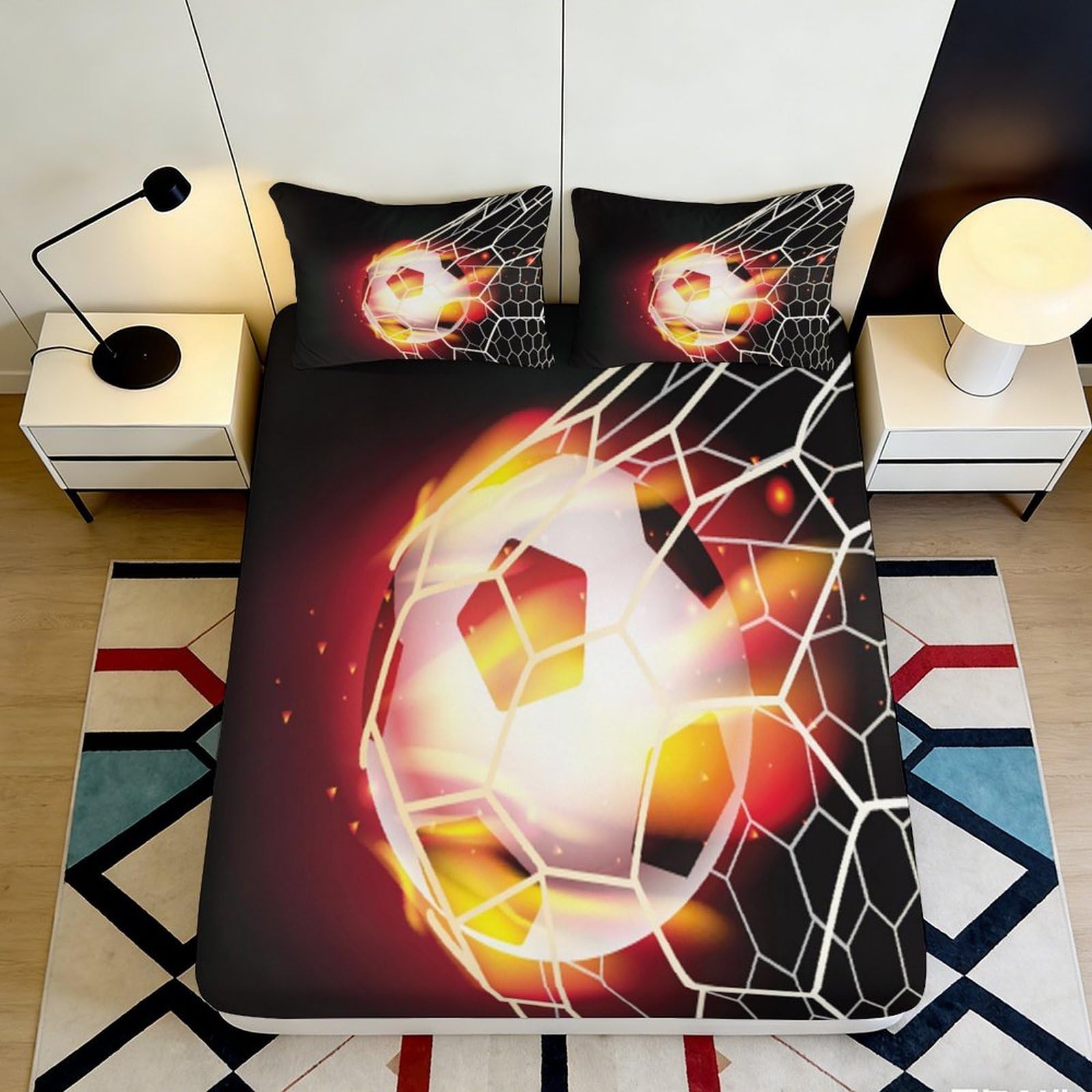 Pnayamiorkfel Style-6 3D Printed Soccer Goal Fitted Sheet Microfiber Soft Black Gold Fire Football Bed Cover For Bedroom Dorm Mattress Decor 90X200x25cm