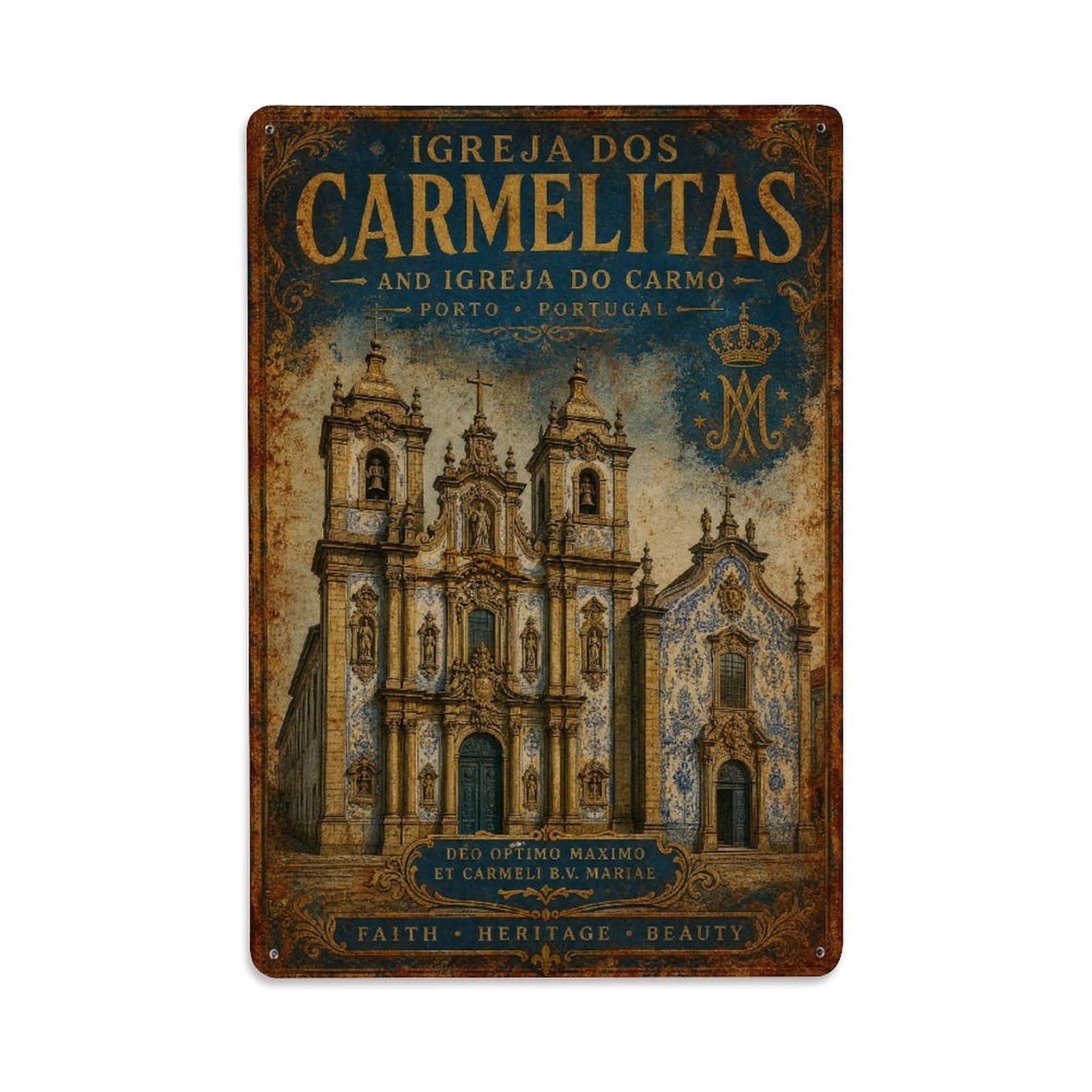 Yrnq 08X12inch Vintage Style Vintage Igreja Carmelitas Baroque Church Portugal Metal Tin Sign