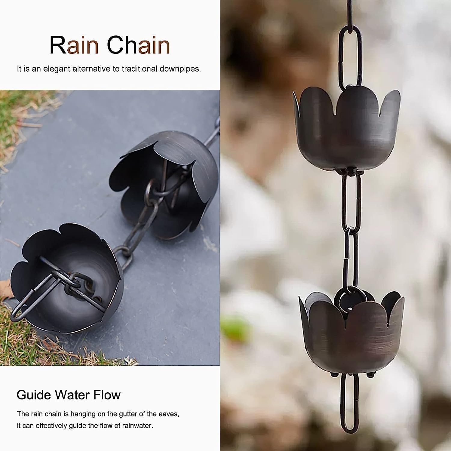 Copper Rain Gutter Chains, Petal-Shaped Rainwater Harvesting Cups for Eave Drainage, Rainwater Collector Chains in Customisable Lengths(Cooper Made Old,2m/6.5ft)