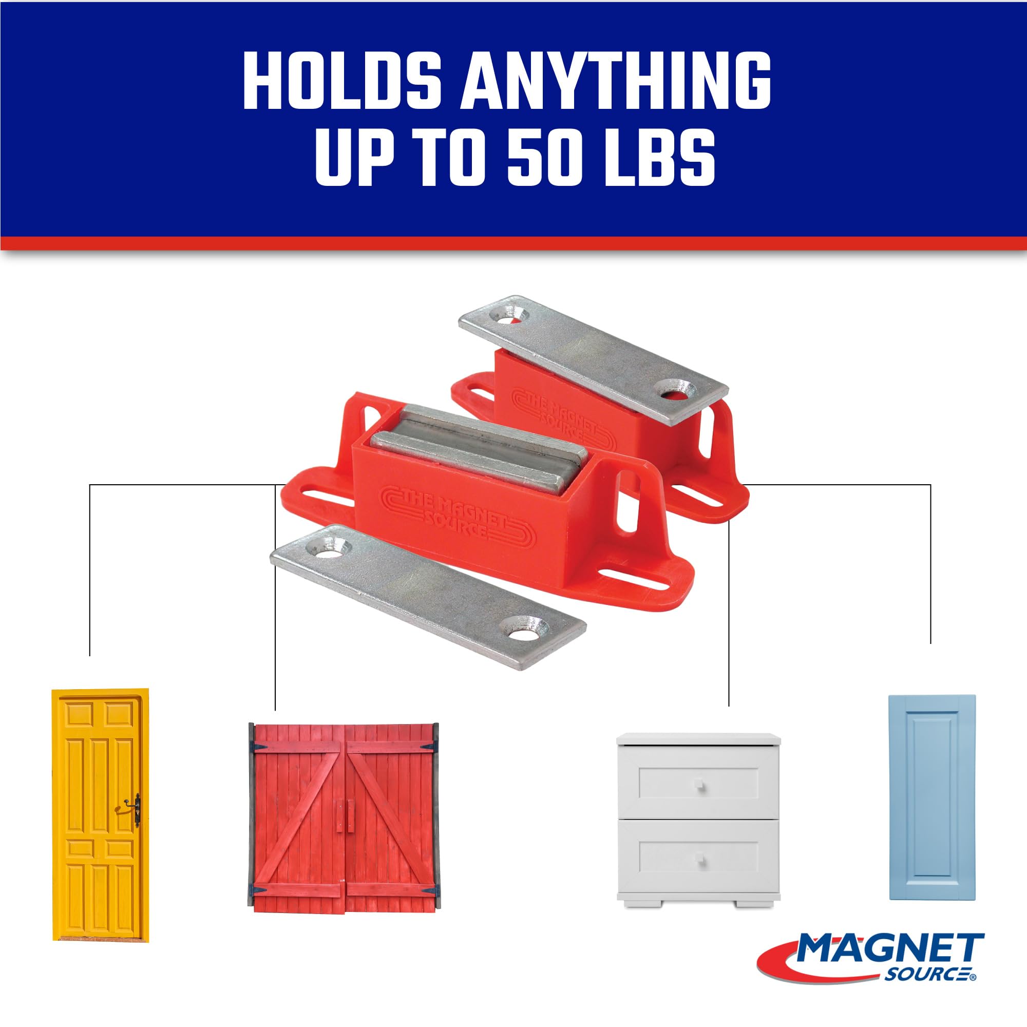 Master Magnetics 07502 x 2 zatrzask magnetyczny, uniwersalny z płytką uderzającą, 2-drożny montaż czerwony, 10 cm długości, 0,938 cala szerokości, 3,5 cm wysokości, 1,35 funtów (opakowanie 2 szt.)