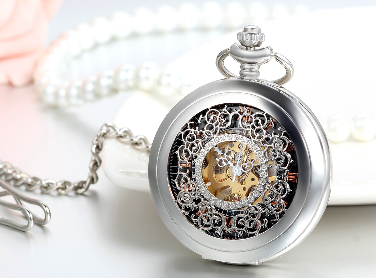 JewelryWe Reloj de Bolsillo mecánico Cuerda Manual, clásico Retro Reloj Bronce, Pantalla Dual Hueco, Reloj de Bolsillo Antiguo