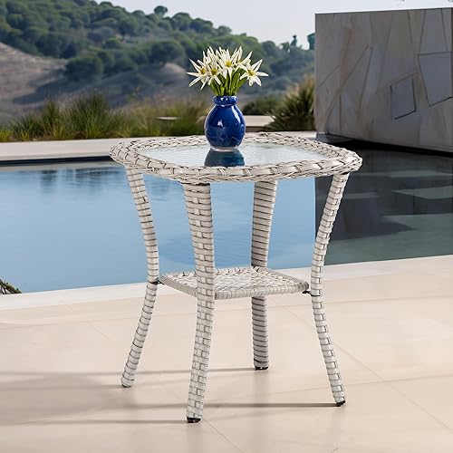 Miniatura 7 de Joyside Mesa auxiliar de mimbre para exteriores de 20 x 20 x 22 pulgadas, mesa de centro de patio con vidrio templado de 0.197 in y práctico estante