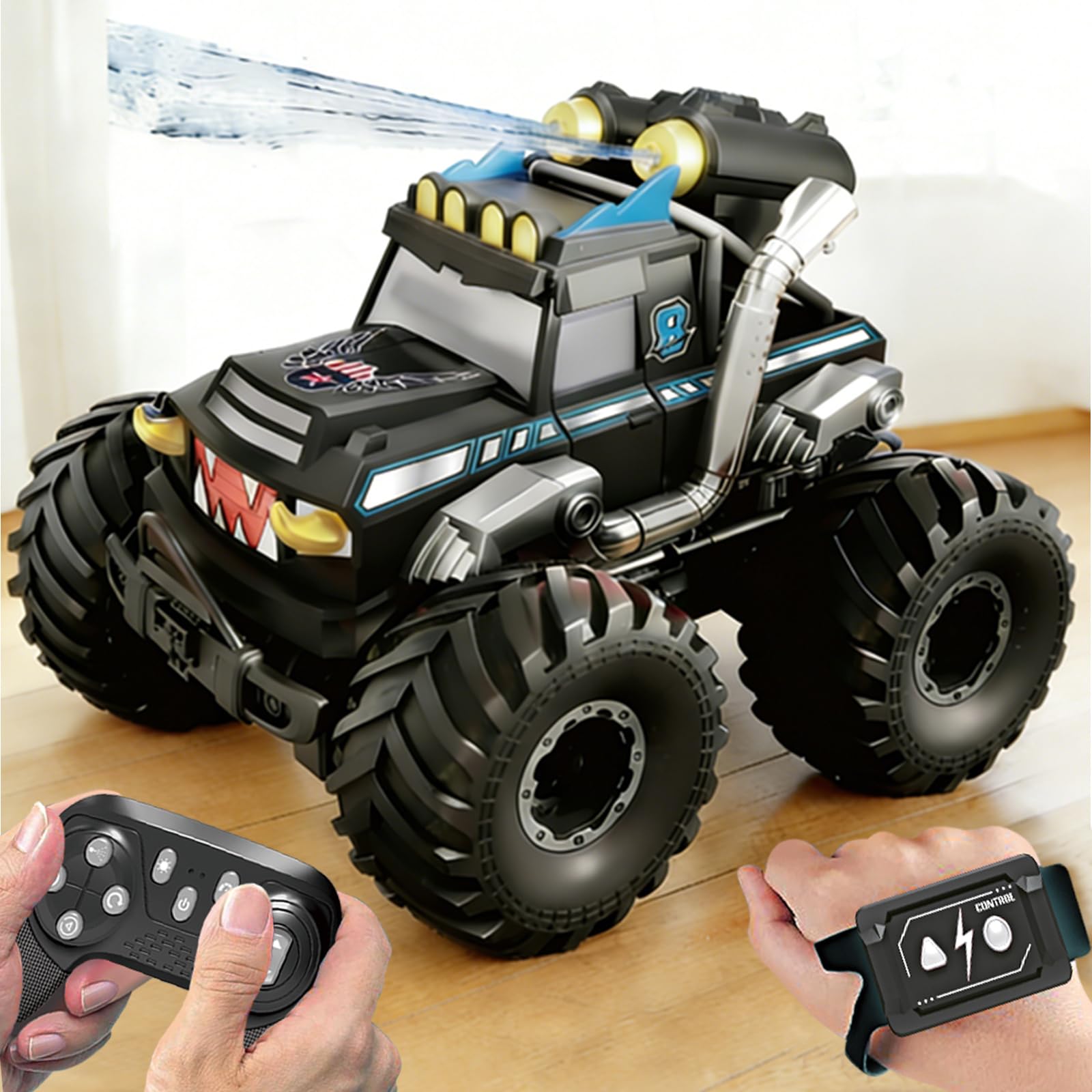 Dual Remote Control RC Car with Magic Gesture Wristband &amp; 40+ Min Play, 1:18 Fully Submersible Waterproof All Terrain 4WD Monster Truck, Amphibious Toy Crawler Gift for Boys Girls Ages 6-12-Black