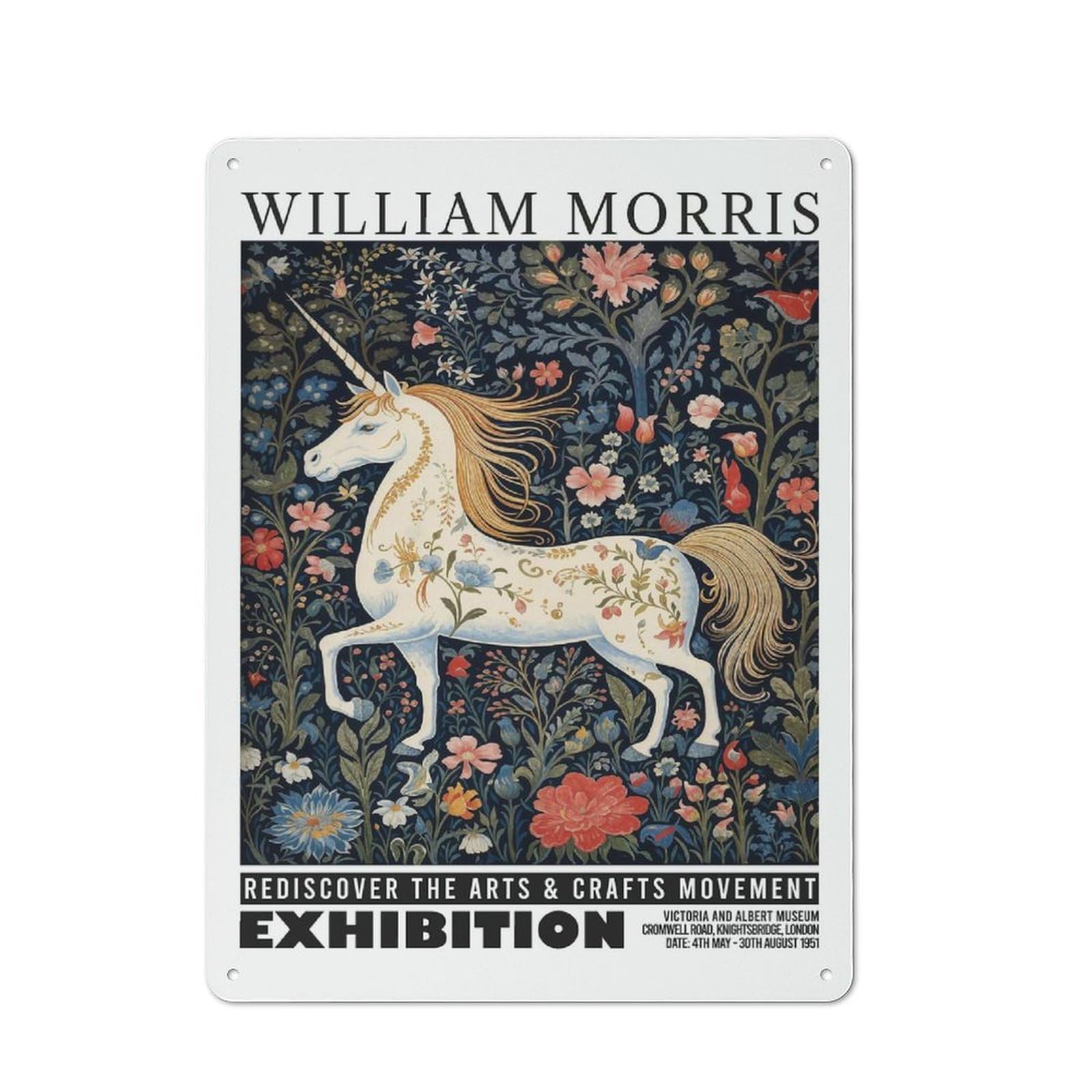 Junmoney Style-24 Workshop Style William Morris Unicorn Floral Decorative Metal Plaque 40X30cm, Workshop Wall Decor For Garage, Hobby Room, Office Or Man Cave