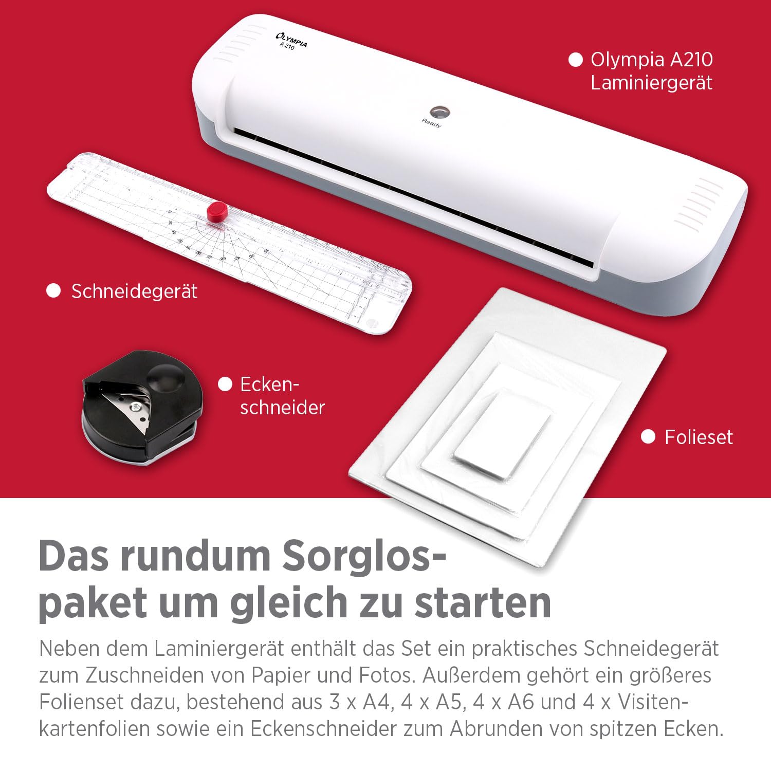 De nieuwe premium 4-in-1 lamineerset van Olympia lamineerapparaat DIN A4 A230 plus met trimmer, 15 gemengde folies van DIN A4 tot visitekaartformaat en hoekronder