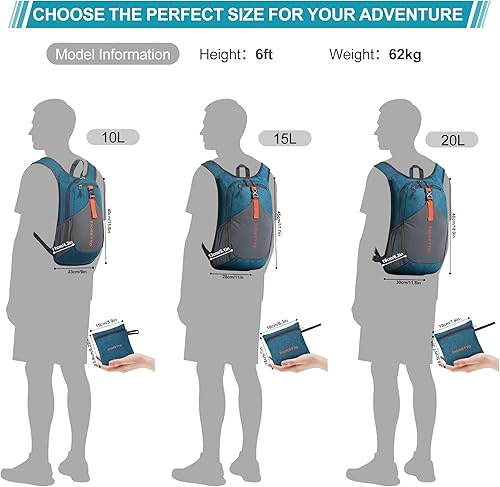 Miniatura 76 de FIORETTO Mochila de senderismo de 15L para mujeres y hombres, mochila mini plegable, ligera, pequeña mochila de día para camping, viaje, al aire