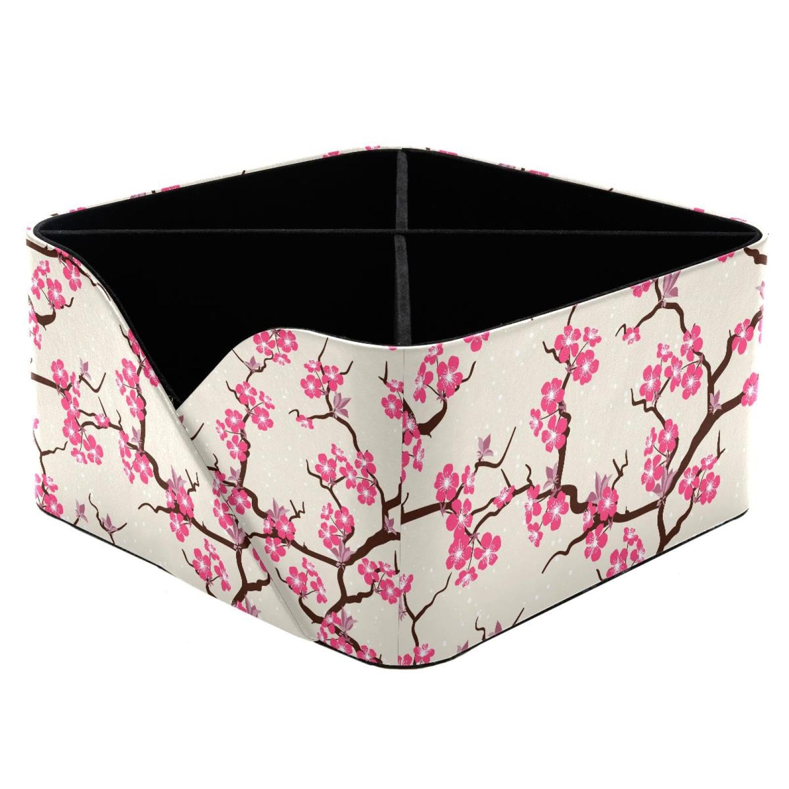 KengjuTesu Cherry Blossom Pattern Desktop Organizer Pen Holder, Rectangular Pencil Cup for Office, Study and Makeup Stations