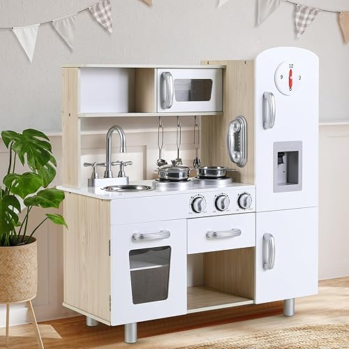 Miniatura 7 de Arlopu Juegos de cocina preescolar, juego de cocina de simulación de madera, juego de cocina pequeño para niños pequeños con teléfono, estufa,