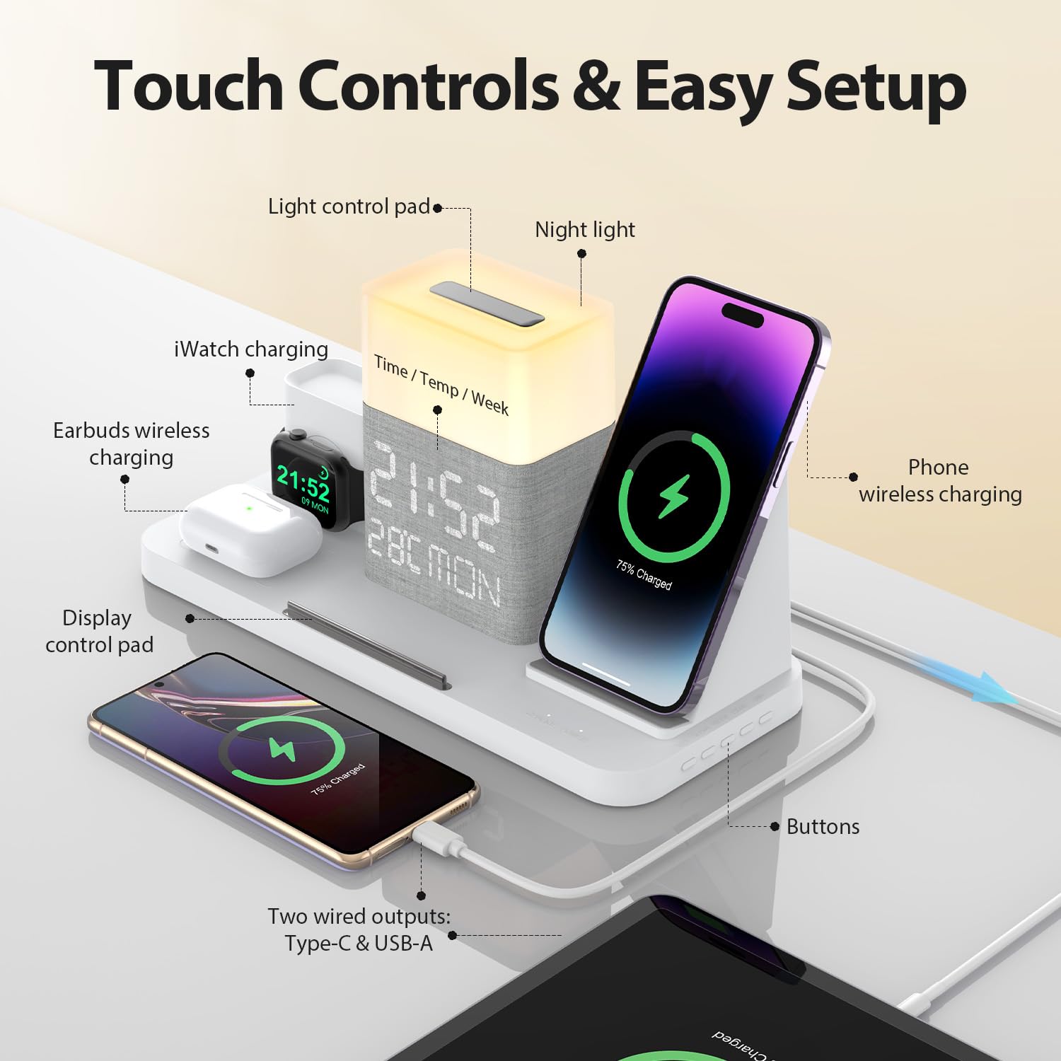 6 in 1 stazione di ricarica con orologio, caricatore wireless con luce notturna, temperatura Bluetooth TimeSync, adattatore 30W, stazione di ricarica rapida per iPhone 15/14/13/12 e Earbuds & iWatch