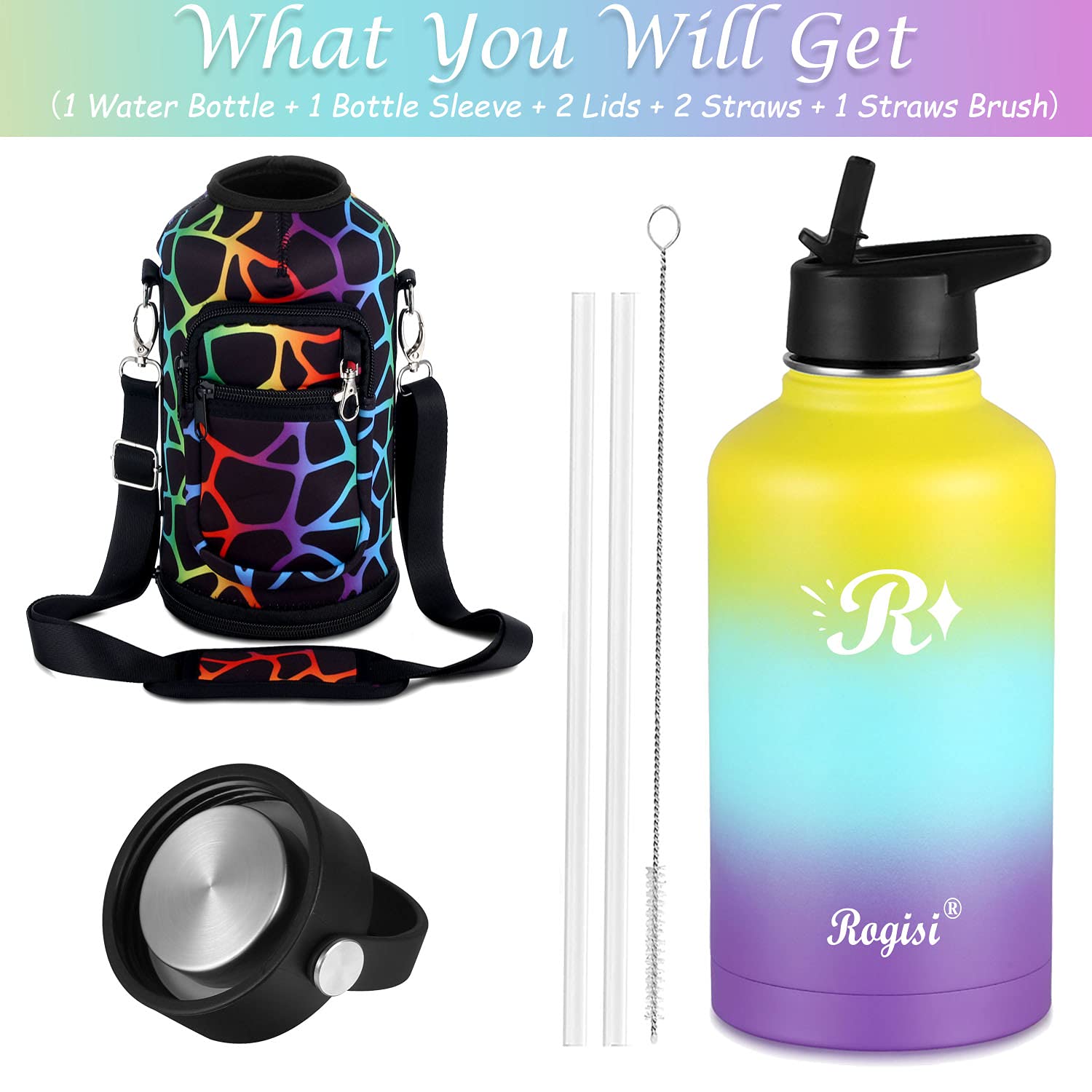 64 OZ Insulated Water Bottle With Straw, AOZEX Stainless Steel Half