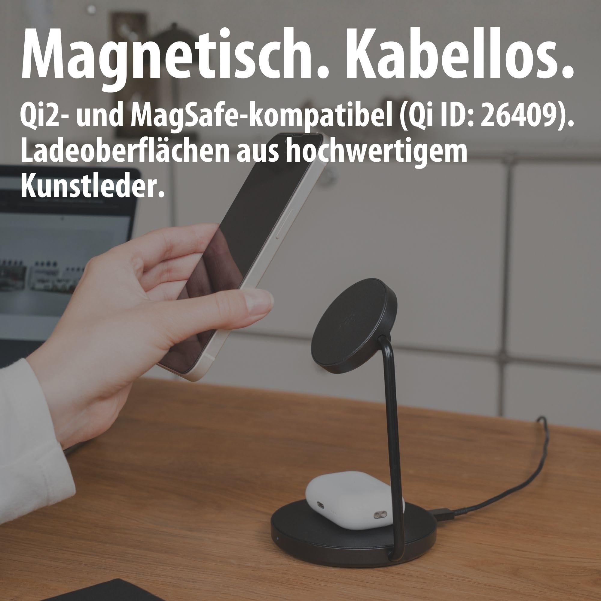 Brennenstuhl 2 in 1 Ladestation (magnetisches Ladepad 15W für Smartphones mit Qi2, Qi2-kompatibel, kompatibel mit MagSafe, 5W Wireless Charger für Kopfhörer)