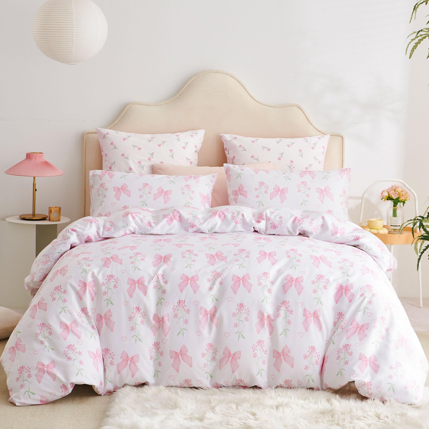 Jolusere Bow Bedding Duvet Cover Queen Girls Pink Floral Duvet Cover Set Romantic Princess Style Bowknot Bedding Set Ultra Soft Reversible Garden Flower Comforter Cover 3Pcs