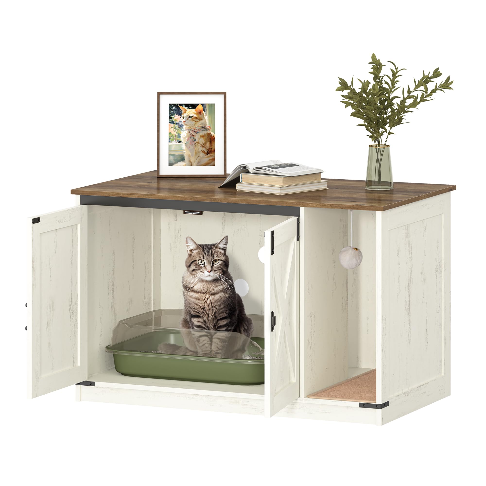 Hzuaneri Mobile Lettiera per Gatti, Mobile per Lettiera Gatto con Campana per Gatti, Casa per Gatto da Interno, 100 x 55 x 63 cm, per Corridoio, Camera da Letto, Marrone Rustico e Bianco CB85214X