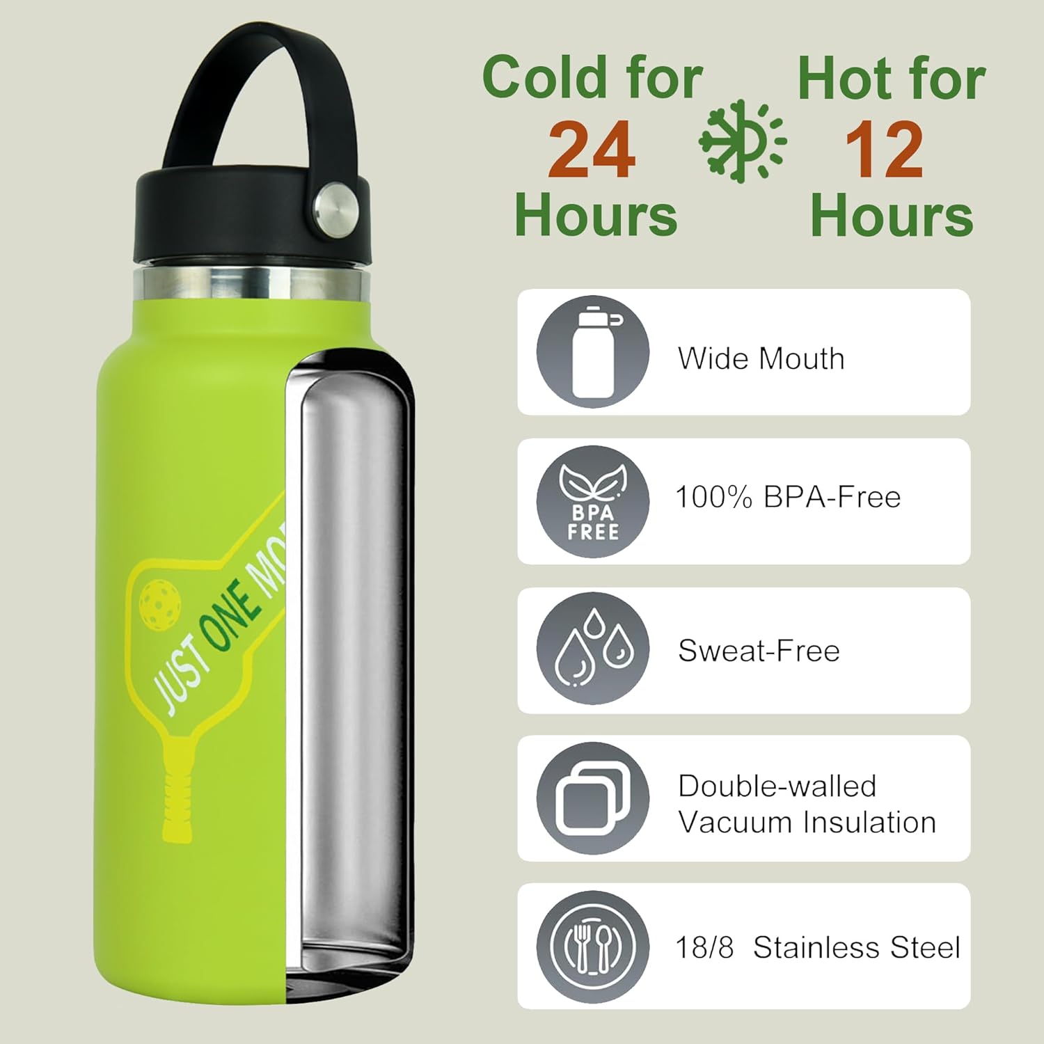 Pickleball Water Bottle 32 oz, Gifts for Pickleball Lovers, Wide Mouth Vacuum Insulated Sports Bottle with 2 Leakproof Lids, Stainless Steel Cup with Straw for Cold Drinks - Image 3