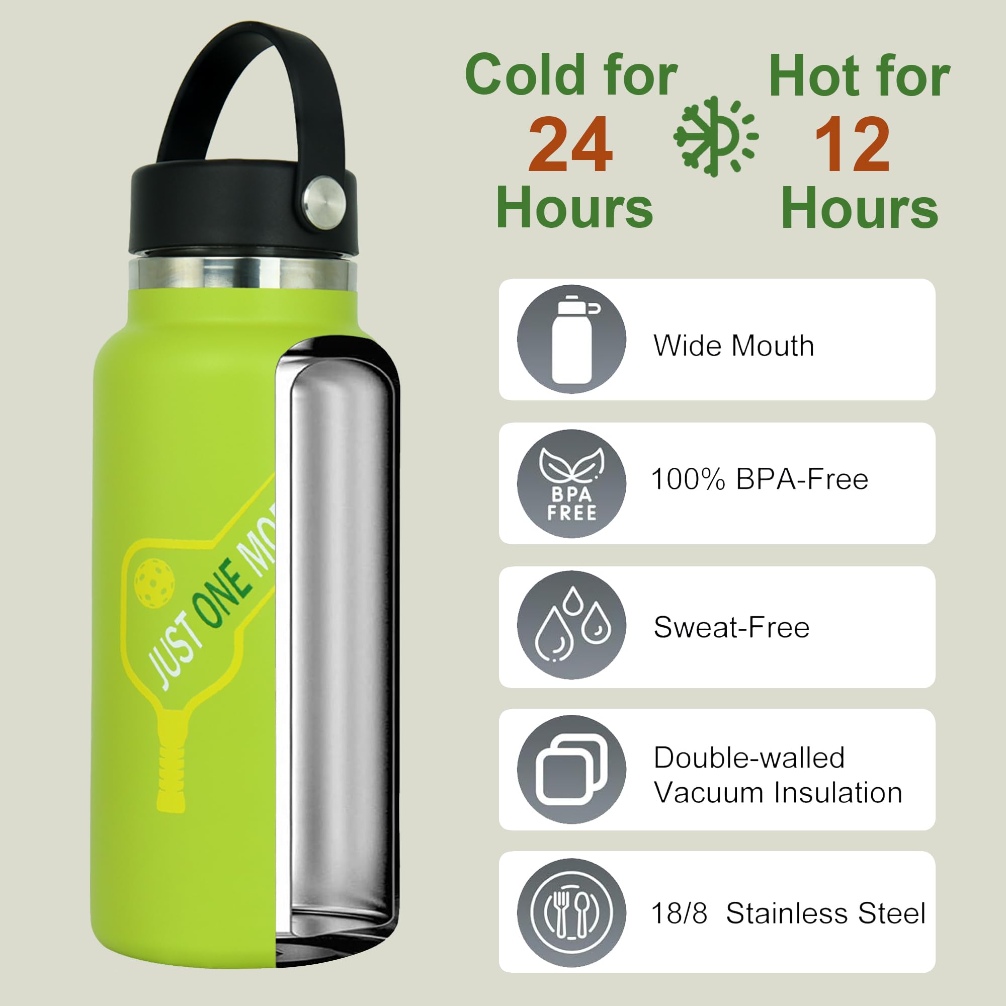 MINYJHZ Pickleball Water Bottle 32 Oz – Vacuum Insulated Stainless Steel With 2 Leakproof Lids, Straw & Handle – Great Gift For Pickleball Players