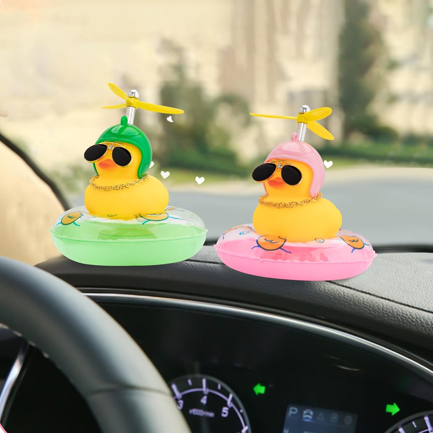 wonuu Rubber Duck Car Ornaments Yellow Duck Car Dashboard Decorations with Propeller Helmet Swim Ring Necklace and Sunglasses, Pink-Duck