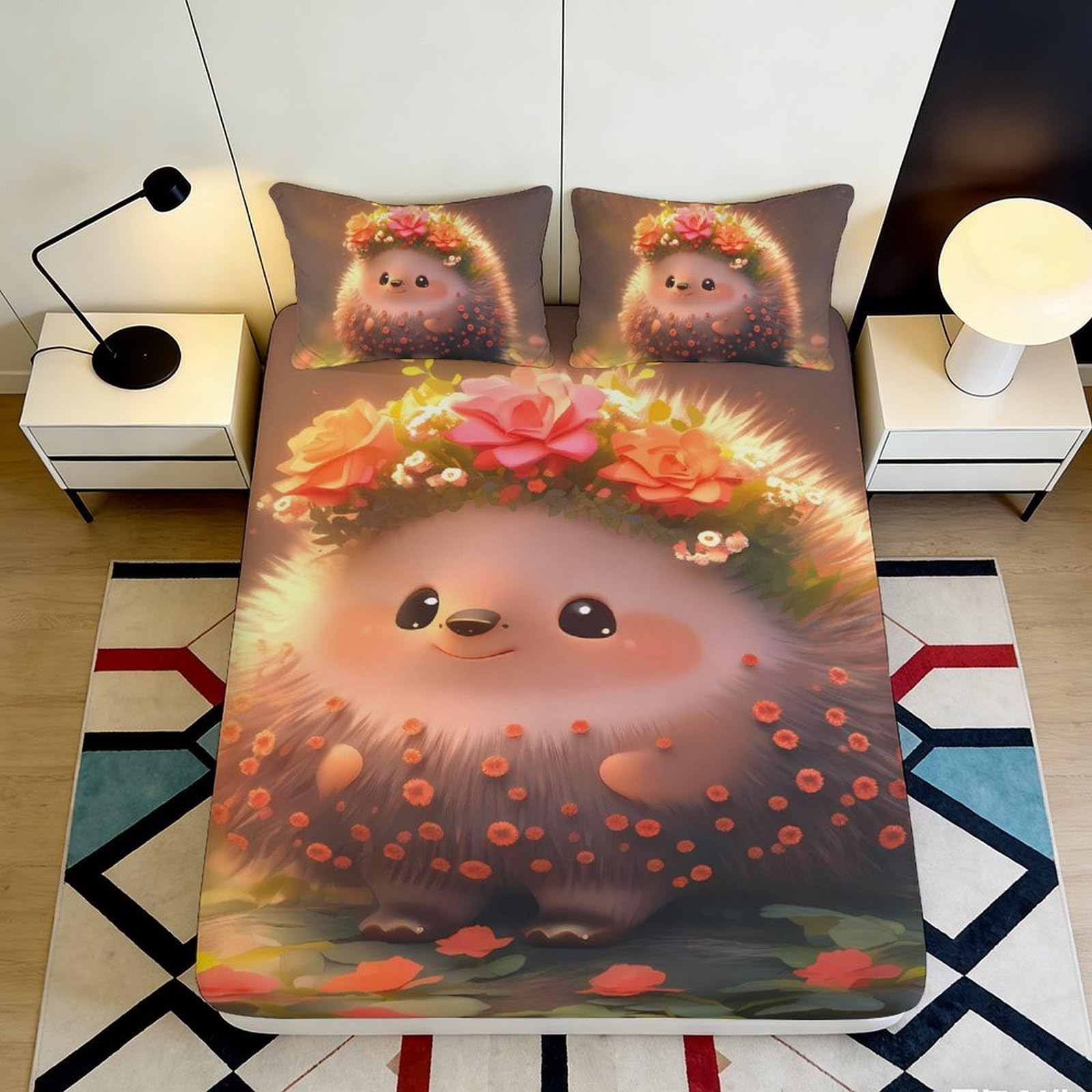 3D Printed hedgehog floral Fitted Sheet, soft touch Microfiber bed cover for bedroom, guest room bedding, wrinkle resistant, easy care, decorative design, 116 characters 90x200x25cm
