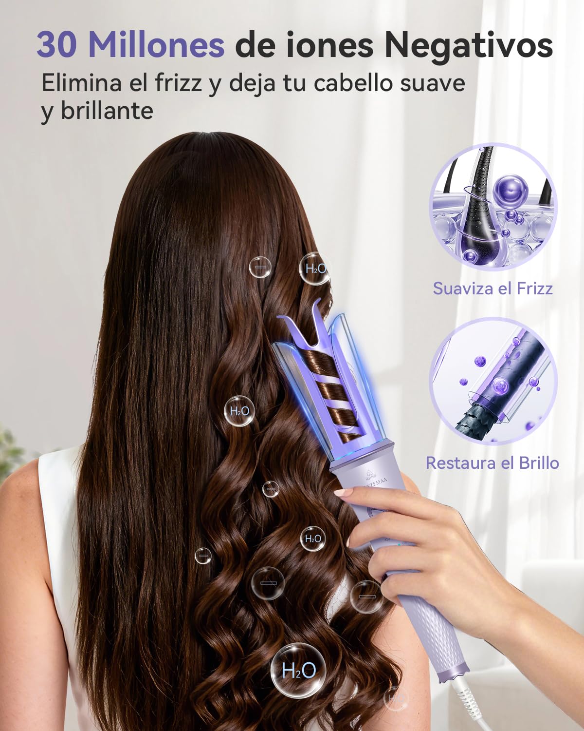 Rizador de Pelo Automático Cerámico de 25mm para Cabello Largo, 4 Temperaturas Ajustables, Protección Anti-Quemaduras, Calentamiento Rápido, Doble Voltaje Portátil