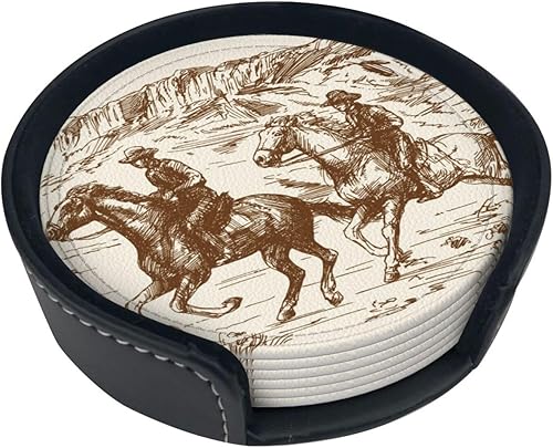 Western Desert - Juego de 6 posavasos de vaquero vintage para bebidas, de cuero, con soporte, para protección de mesa, accesorios de escritorio,