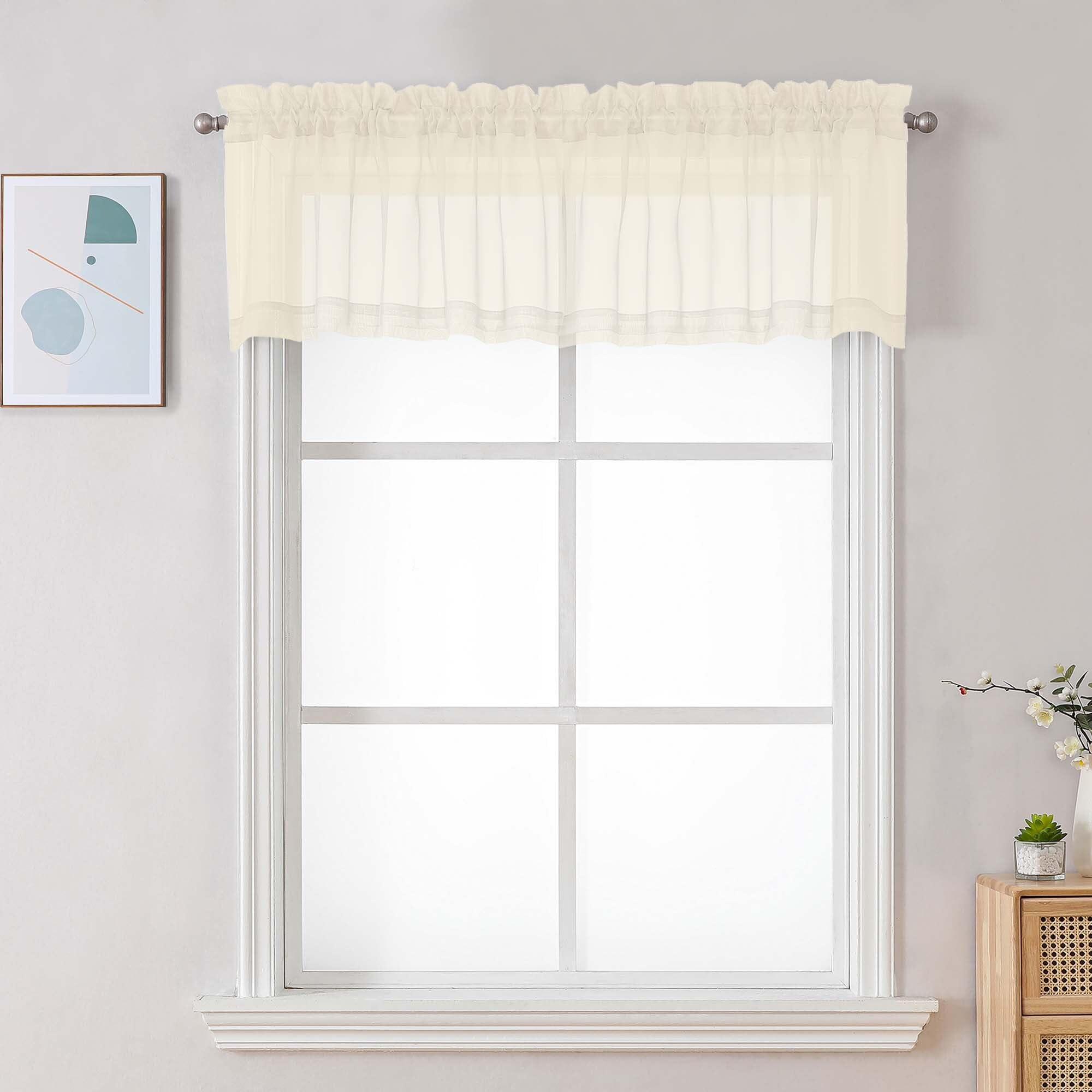 Chyhomenyc Cream Sheer Valances for Windows - Light Filtering Small Kitchen Curtains, Rod Pocket Short Top Window Treatment Decor for Living Room Bathroom Basement, 42Wx16L inches, 2 Panels
