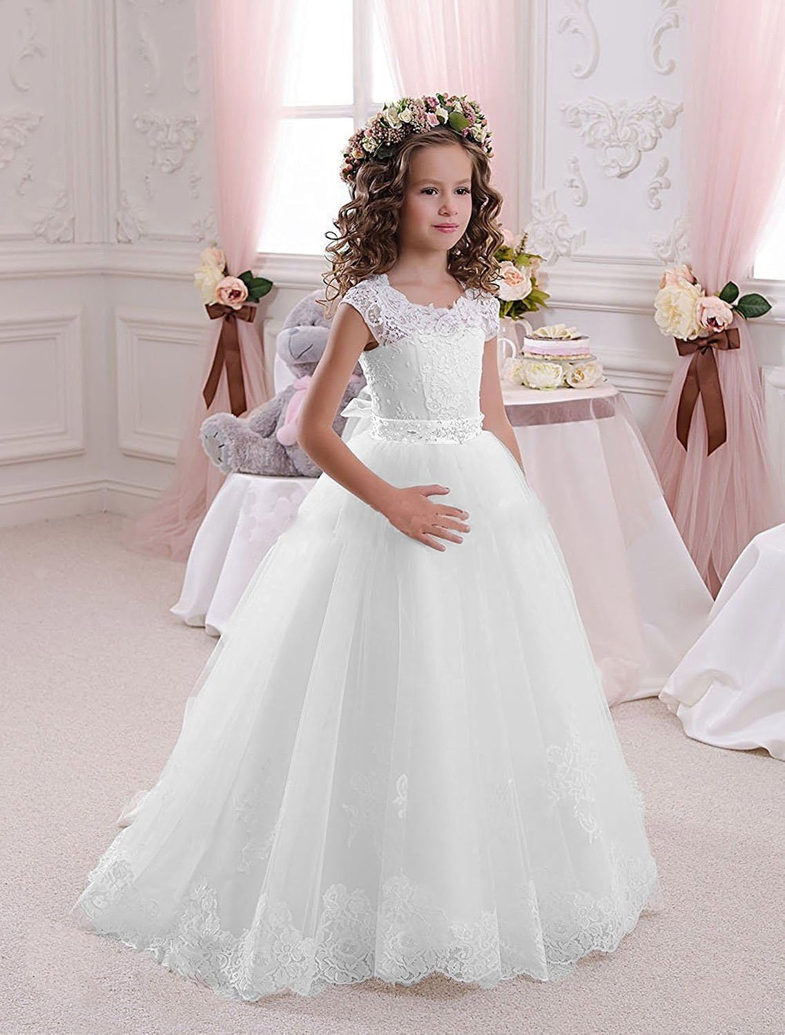 Generisch Vestidos de Primera Comunión Blanco Encaje Flores Niñas Vestidos Niños Vestido de