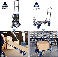 Vista 4 de Carro de mano plegable con cesta plegable, carritos de capacidad de 330 libras con ruedas 2 en 1 camión de plataforma, carrito de empuje con 4