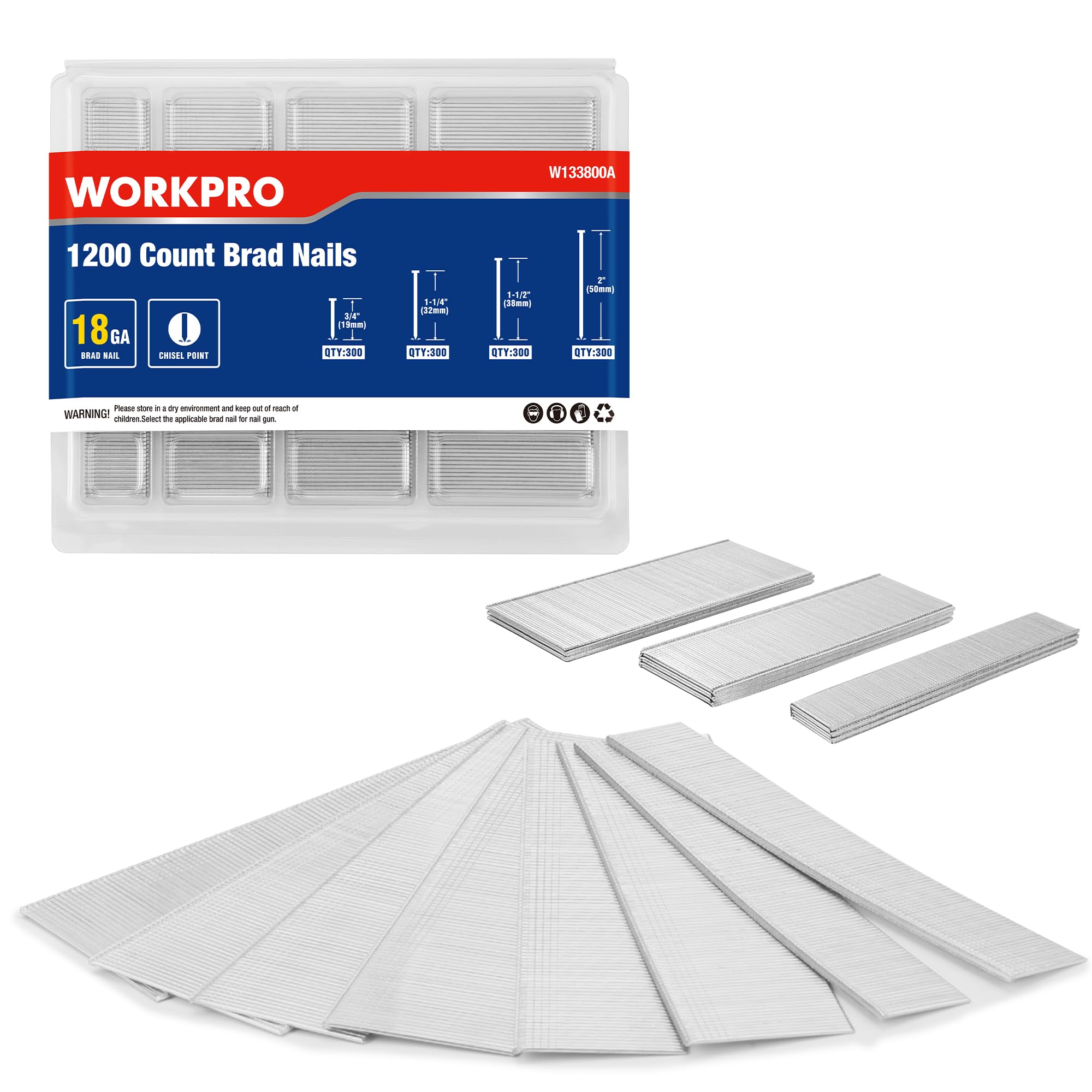 WORKPRO 1200 Count 18 Gauge Brad Nails, (2＂,1-1/2＂,1-1/4＂,3/4＂), Universal Brad Nail Gun Nails for Pneumatic & Electric Brad Nailers