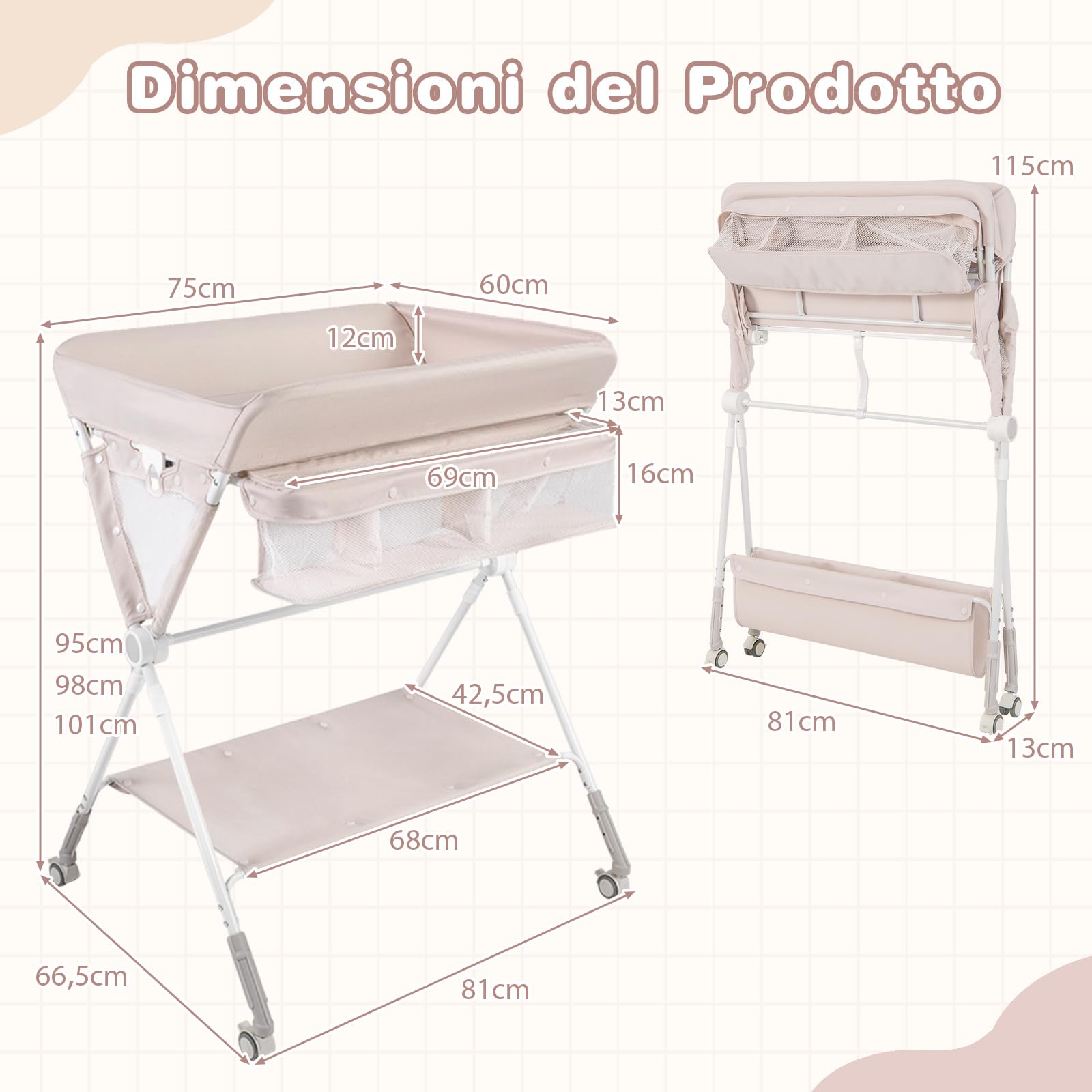COSTWAY Fasciatoio Pieghevole per Bambini, Altezza Regolabile 3 Livelli, Ruote Bloccabili, Beige