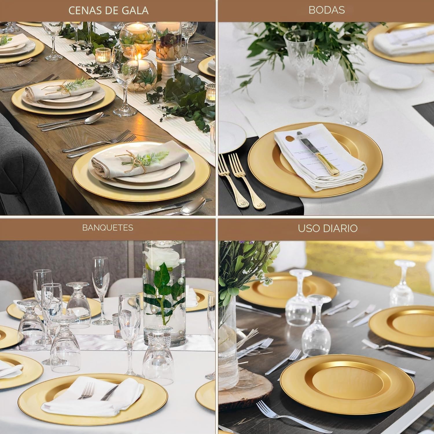 LATERN 12 Piezas Placas Cargadoras de Oro Reutilizables, 33CM Platos Cargadores de Cena de Plástico Platos Redondos Grandes para Servir para Navidad Boda Fiesta Mesa Decoración