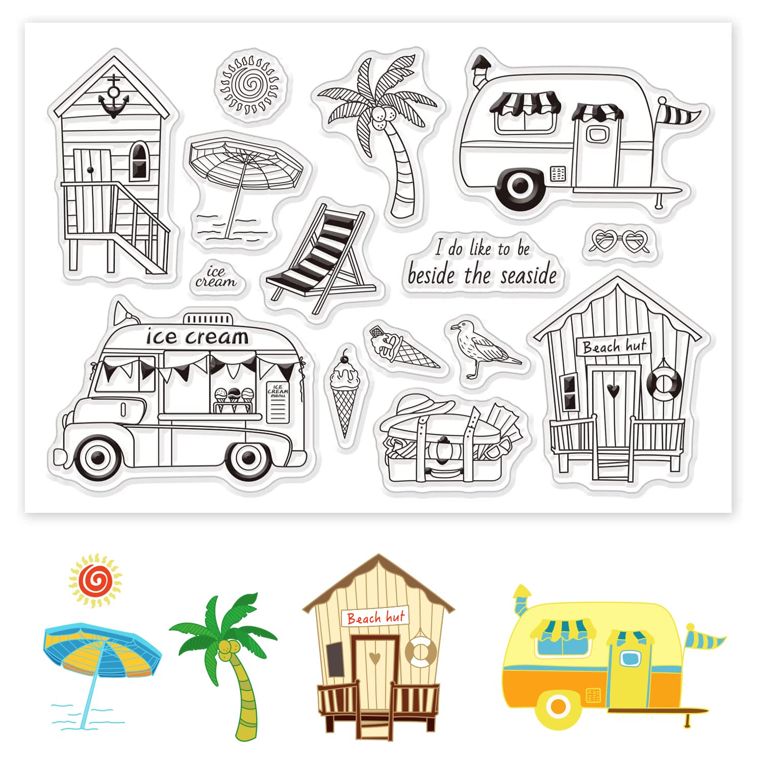 2 Timbri Trasparenti In Silicone Fai-da-te: Tema Campeggio, Viaggio, Gelato, Valigia - Per Scrapbooking E Biglietti - 2