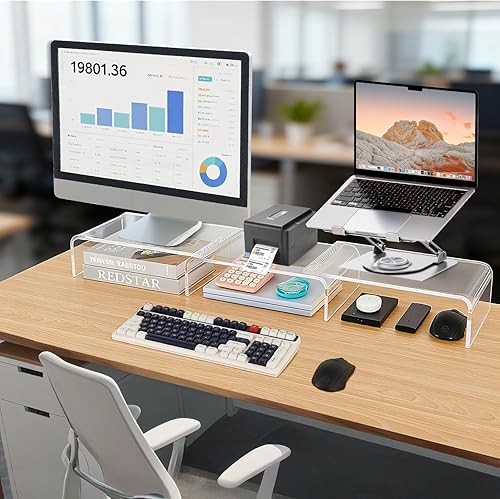 Miniatura 2 de Elevador de soporte de monitor doble, elevador de acrílico de alta calidad para escritorio, ángulo ajustable, 3 estantes organizador de escritorio