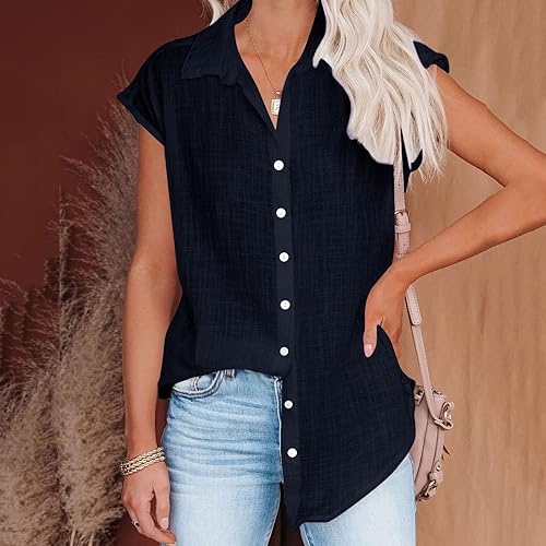Miniatura 5 de Ceboyel Camisas para mujer de moda de verano, algodón, lino, manga corta, cuello con botones, blusa casual para mujer 2023