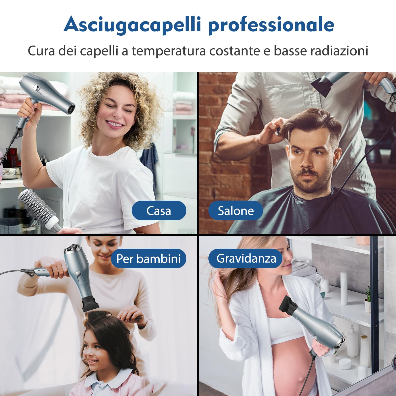 Phon Capelli Professionale Asciugacapelli lisci Rapida Asciugatura per Salone e Casa (3 Calore.2 Velocità, Diffusore+2 Ugelli, Cavo 2,5m) (Blu)