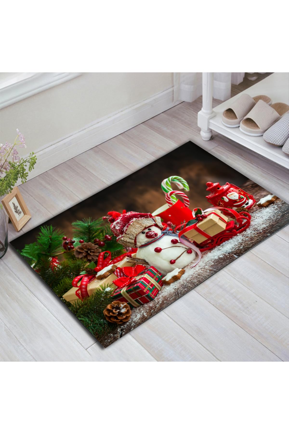 PRINTOPIA ALCADİZAYN YENİYIL YILBAŞI ŞEKERLİ KARDAN ADAM DESEN MODERN DEKORATİF KAPI ÖNÜ/İÇİ PASPASI çok renkli 40 x 60
