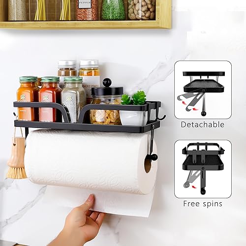Miniatura 3 de Taozun Soporte para toallas de papel con estante, soporte para papel de cocina, estante para especias, soporte para rollos de papel negro, soporte