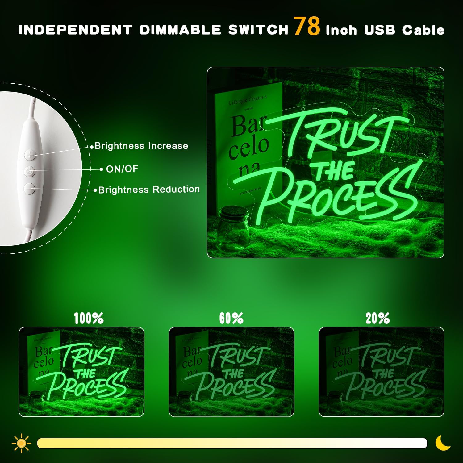 Trust The Process Neon Sign for Wall Decor Green Neon Light Gym LED Sign Dimmable Motivation LED Light Letter Lighting for Bedroom Bar Classroom Gym Office Art Inspirational Alphabet